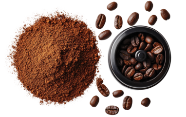 Ground Coffee and Coffee Beans Over White Background Isolated on transparent background