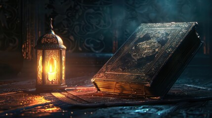 A beautifully illuminated book beside an ornate lantern, creating a mystical atmosphere.