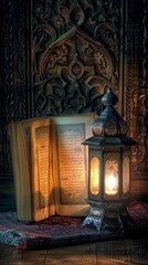 A warm lantern illuminates an open book against an intricately carved background.