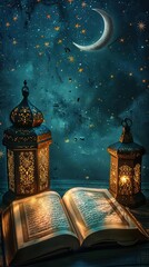 An open book illuminated by ornate lanterns under a starry night sky with a crescent moon.