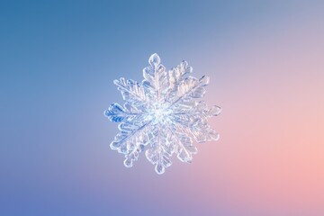 Intricate ice crystal, a single snowflake, showcased against a soft pastel backdrop.