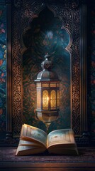 A beautifully lit lantern above an open book, set against an ornate patterned background.