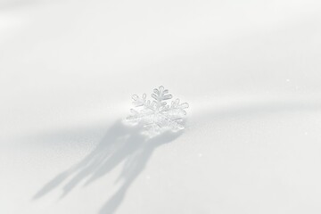 A single, delicate snowflake rests on a pristine white surface, casting a soft shadow.