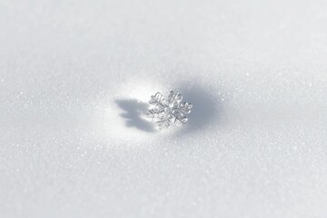 A single, delicate snowflake rests on a pristine, glittering snow surface.