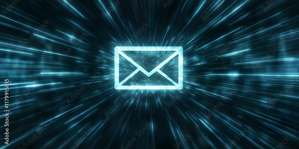 Poster a glowing email icon is set against a dynamic, futuristic background with streaks of light, suggesti