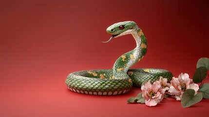 Fototapeta premium Chinese New Year 2025, A vibrant green snake with intricate patterns poses against a red background, accompanied by delicate pink flowers.