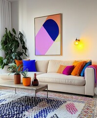 Modern living room, minimalist interior design, colorful abstract artwork, beige sofa, vibrant throw pillows, round coffee table, potted plant, large window, neutral walls, geometric patterns, mid-cen