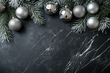 Silver Christmas ornaments and snowy pine branches arranged on a dark marble background.