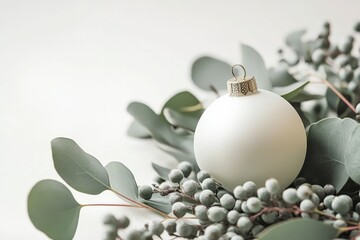 A white Christmas ornament rests on eucalyptus leaves and frosted berries, creating a minimalist winter scene. © Thimira