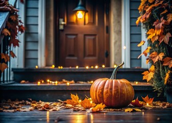 Obraz premium Minimalist Halloween Porch Decor: Pumpkins, Garland, and Fall Leaves
