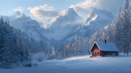 Picturesque Winter Cabin Nestled in Snow Capped Mountain Landscape