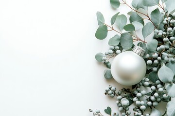 Fototapeta premium A single white ornament rests amidst eucalyptus leaves and delicate grey berries, creating a serene Christmas scene.