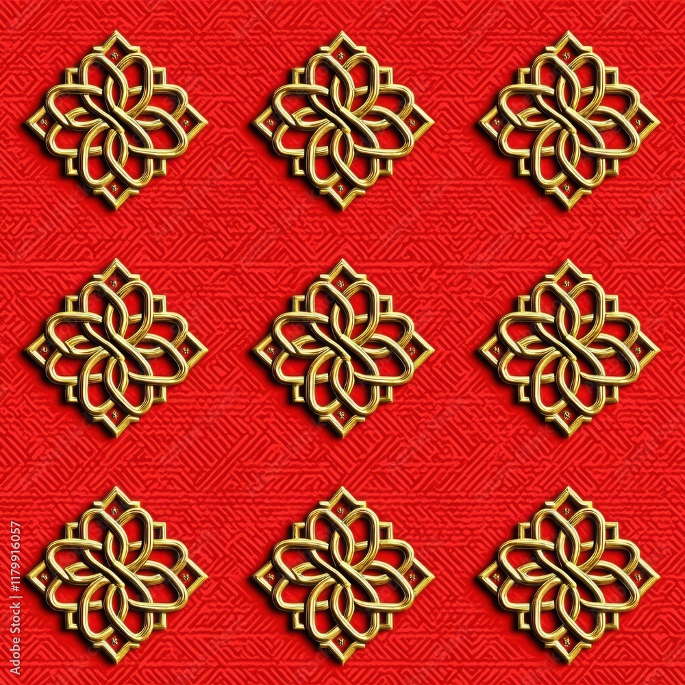 Poster a vibrant red background features intricate golden patterns arranged in a grid, creating an elegant 