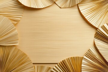 A textured background with golden fan-shaped decorations framing a blank space, evoking elegance and sophistication.