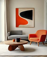 Modern minimalist living room, abstract geometric artwork, orange accent chair, gray sofa, wooden coffee table, neutral tones, clean lines, sleek design, uncluttered space, contemporary interior, brig