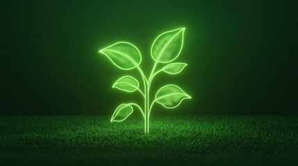 Glowing Neon Plant Symbol on Grassy Ground: Eco-Friendly Nature Concept