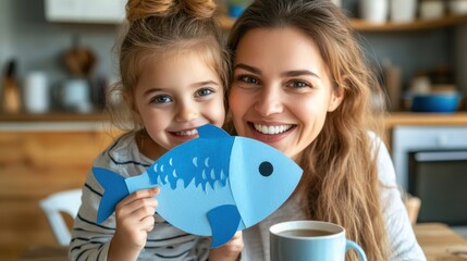 Mother and child smiling together while holding a paper fish craft in a cozy kitchen setting during daytime. April fools day concept