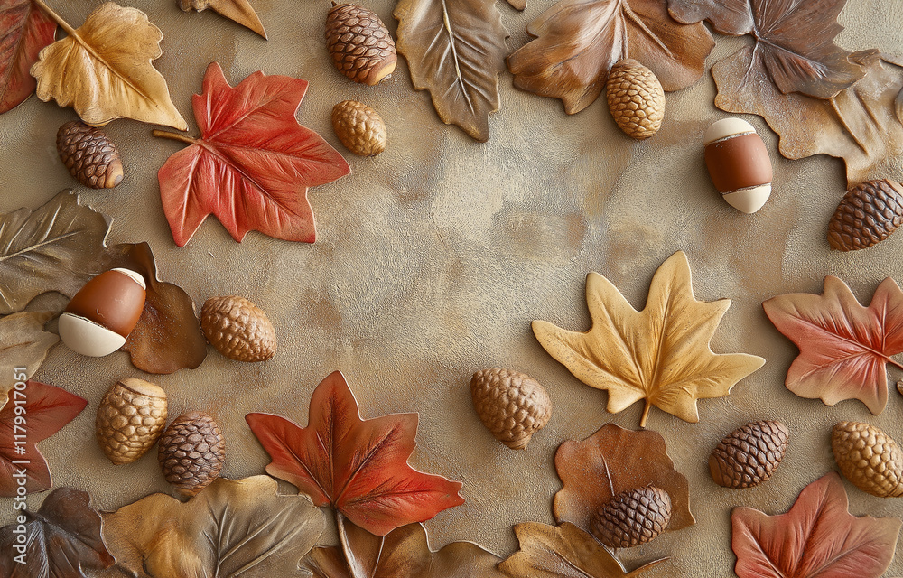 Poster a close-up of colorful autumn leaves and acorns scattered on the ground, creating an enchanting fall