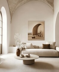 Minimalist Mediterranean interior, arched doorways, beige walls, natural light, cozy living room, earth tones, potted plant, woven rug, textured throw pillows, abstract wall art, curved sofa, ceramic 