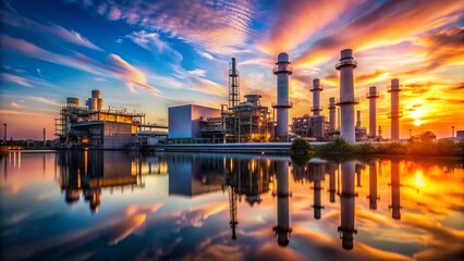 Obraz premium Minimalist Industrial Landscape: Natural Gas Power Plant at Dawn