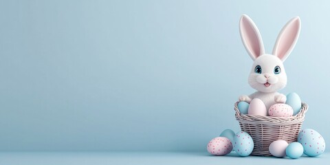Fototapeta premium A cute rabbit sits in a basket filled with colorful Easter eggs against a soft blue background, ideal for Easter-themed decor.