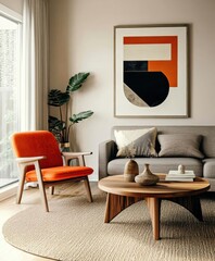 Modern minimalist living room, abstract geometric artwork, orange accent chair, gray sofa, wooden coffee table, neutral tones, clean lines, sleek design, uncluttered space, contemporary interior, brig