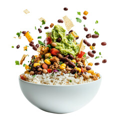 Mexican rice bowl with guacamole and beans  
