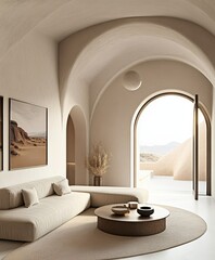 Minimalist Mediterranean interior, arched doorways, beige walls, natural light, cozy living room, earth tones, potted plant, woven rug, textured throw pillows, abstract wall art, curved sofa, ceramic 