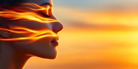 A silhouette of a woman's profile with abstract, fiery lines across her face against a vibrant sunset background. Concept Silhouette Art, Fiery Abstract Design, Women's Profile, Sunset Background