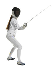 Fencer with epee practicing on white background