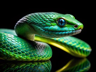 Minimalist Lachesis Muta Snake Photography: Emerald Green Scales on Black Background
