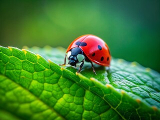 Fototapeta premium Minimalist Ladybug Photography: Red Insect on Green Leaf