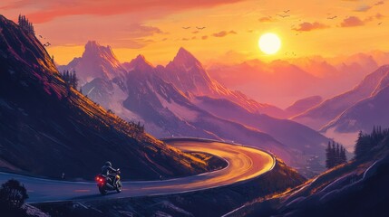 Fototapeta premium A motorcyclist navigating a sharp curve on a mountain trail, with the sun setting behind the peaks, casting a golden glow over the winding road.