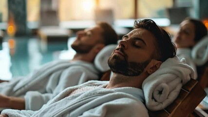 Men in robes relaxing in a spa. Suitable for advertising services of spas and wellness centers.
