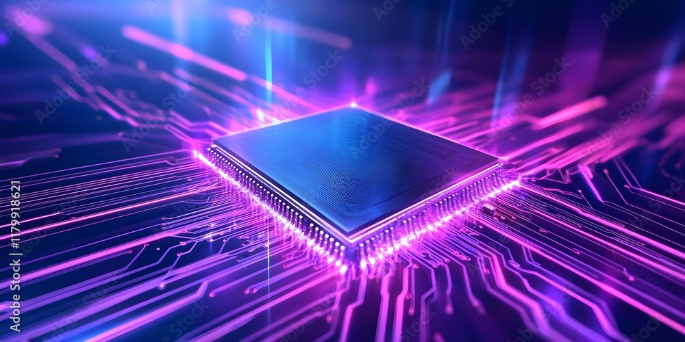 Poster a close-up view of a microchip surrounded by vibrant pink and blue circuitry, representing technolog