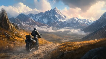 Fototapeta premium A motorcyclist riding on a dirt path high in the mountains, with majestic views of distant peaks and valleys, showcasing the adventure of mountain exploration.