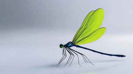 Lime Green Damselfly on White - Delicate damselfly, vibrant lime wings, slender body, intricate detail, nature's beauty.