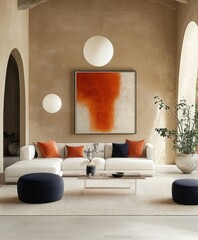 Minimalist living room, arched windows, white walls, orange abstract artwork, round ottoman, low profile sofa, potted plants, natural light, geometric shapes, modern interior design, warm color accent