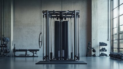 Obraz premium A multifunctional cable machine in a professional-looking gym, with neatly arranged workout accessories, ready for a full-body training session.