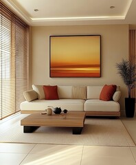 Modern minimalist living room, beige walls, white sofa, wooden coffee table, abstract orange and yellow artwork, spherical pendant lights, red accent pillows, potted plant, natural light from window, 