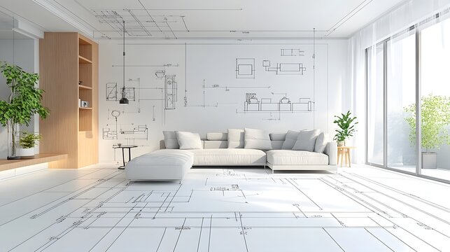 Minimalist Living Room with Futuristic Furniture and Decor Icons Blueprint Layout