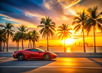 Minimalist Miami Beach Sports Car Speed, Palm Trees, Ocean Drive Coastline