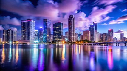Obraz premium Minimalist Miami Downtown Nightscape: Sleek City Skyline at Dusk