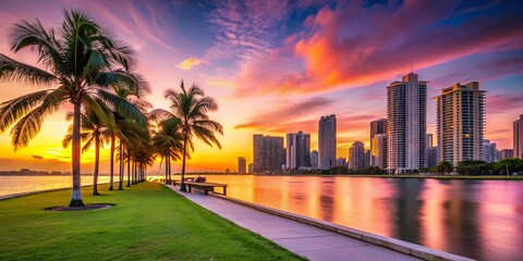 Minimalist Miami Bayfront Park: Sunrise Skyline & Cityscape