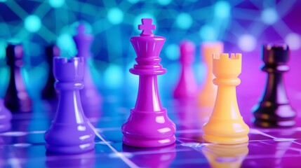 Strategic Game Pieces on Board - Chess pieces, strategy, competition, victory, planning.  Colorful, vibrant game.