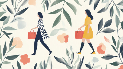 Fototapeta premium Stylish spring shopping illustration featuring women carrying bags against a floral and leafy background copy space