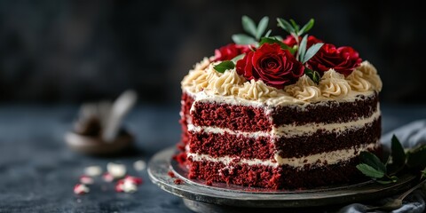 Valentine's day celebration layered red velvet cake with fresh roses elegant dessert display romantic atmosphere