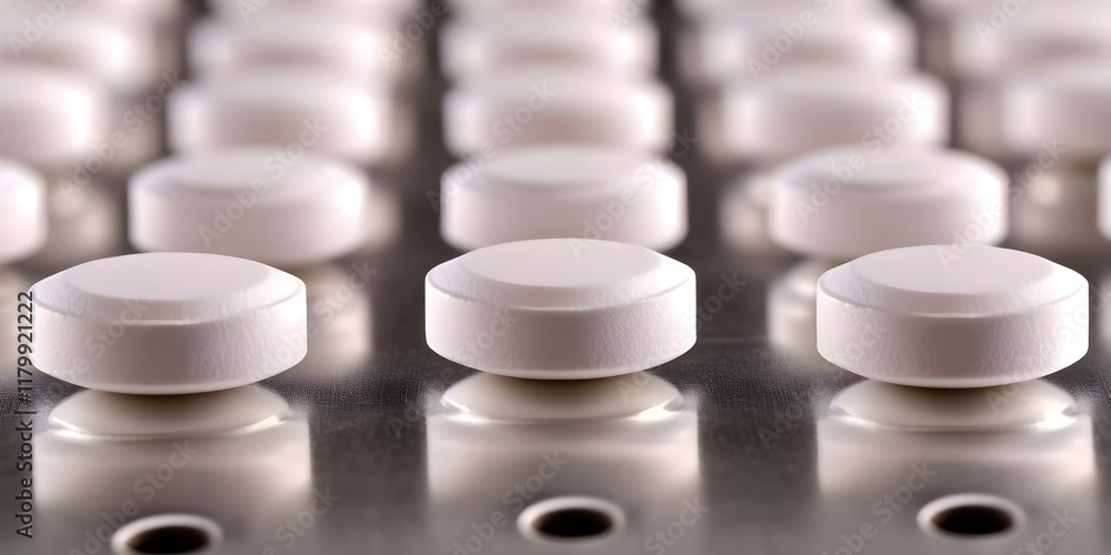 Poster a close-up view of white, round pills arranged in a grid pattern, reflecting light on a shiny surfac