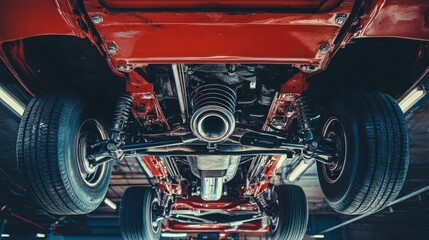 A well-maintained car undercarriage with visible exhaust system, suspension components, and sturdy frame, emphasizing quality craftsmanship.
