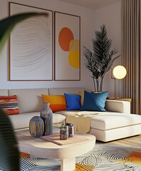 Modern living room, minimalist interior design, colorful abstract artwork, beige sofa, vibrant throw pillows, round coffee table, potted plant, large window, neutral walls, geometric patterns, mid-cen